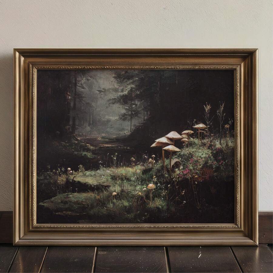 Close view of mushroom forest artwork in an ornate bronze-tone frame