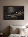 Dark framed misty mushroom woodland print displayed above a neutral bed