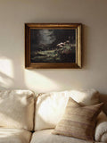 Antique gold framed woodland mushroom print styled above a cream sofa