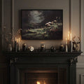 Black framed mushroom forest wall art above a gothic Halloween mantel