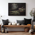 Misty woodland mushroom print in black frame above an autumn entryway bench