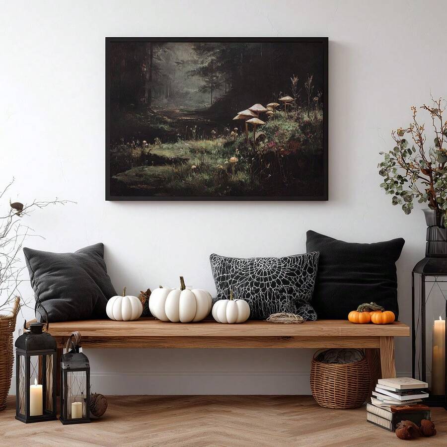 Misty woodland mushroom print in black frame above an autumn entryway bench