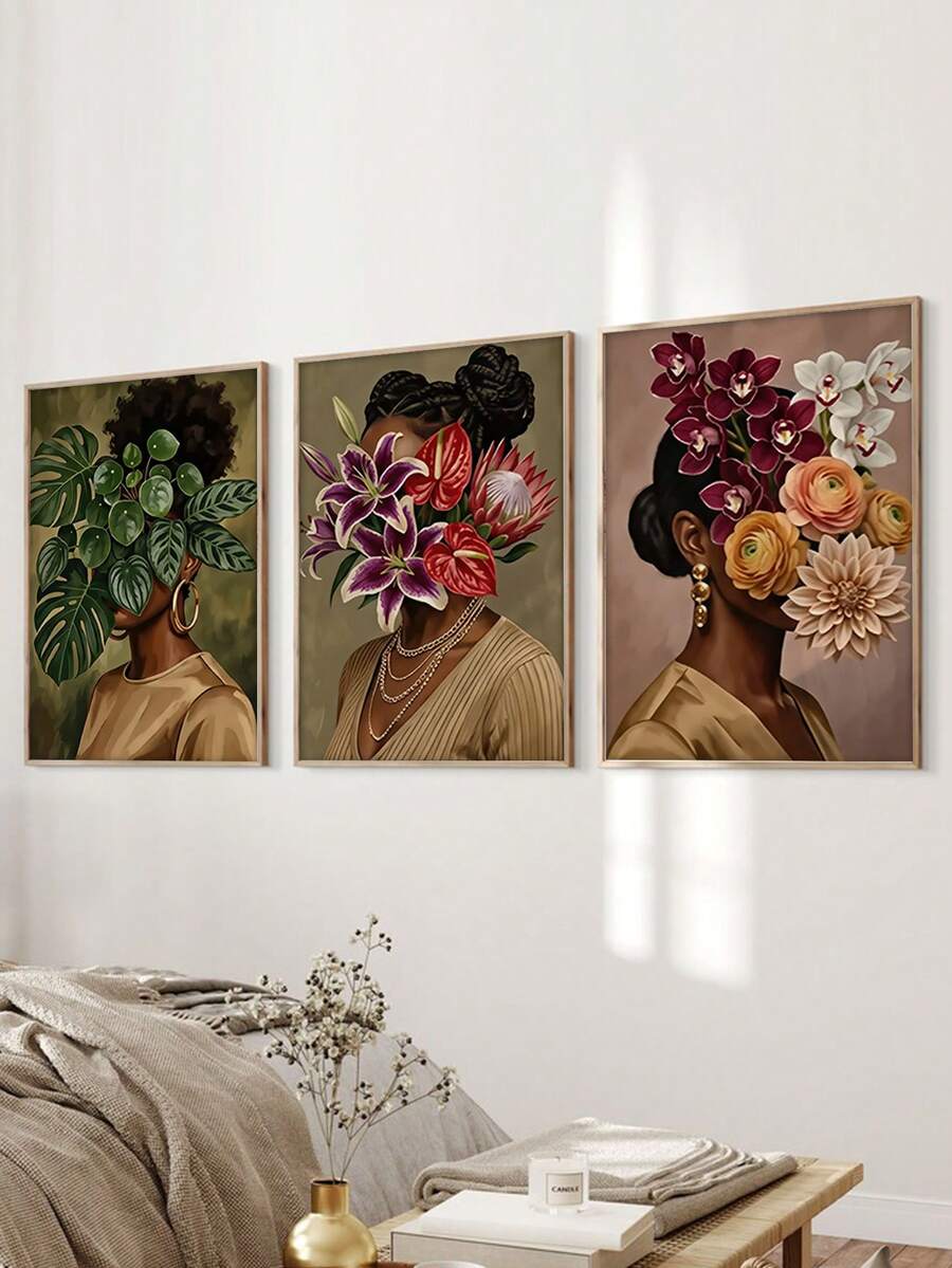 3pcs Tropical Botanical & African American Floral Canvas Poster Set 