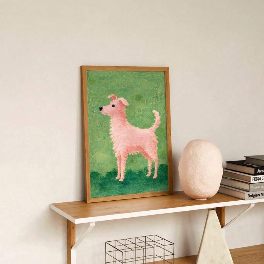Framed folk art dog poster on modern shelf with lamp books and wire basket