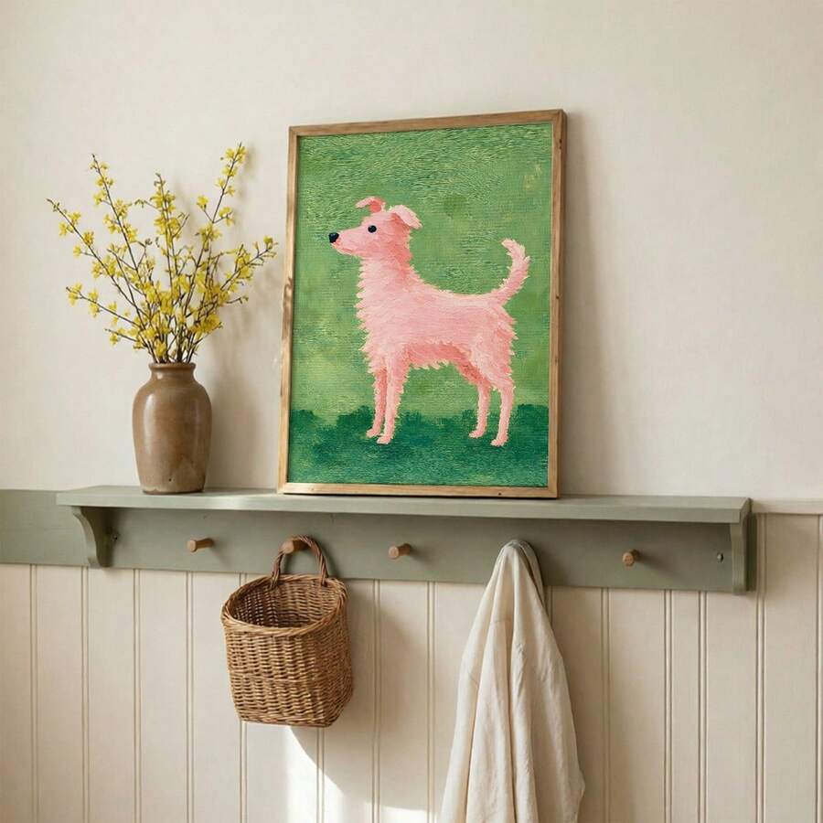 Cute animal wall art with pink dog portrait on green background in entry shelf decor