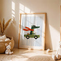 Large crocodile car print leaning in a sunny nursery with toy rabbits