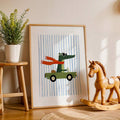 Crocodile driving wall art displayed beside a wooden rocking horse
