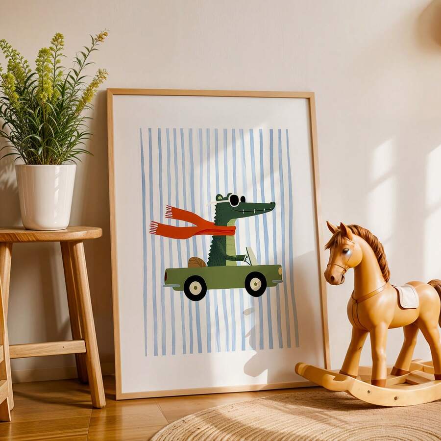 Crocodile driving wall art displayed beside a wooden rocking horse