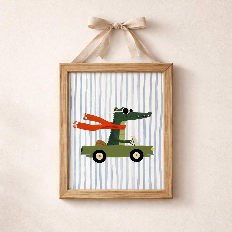 Ribbon-hung wooden frame showing a scarfed crocodile in a convertible