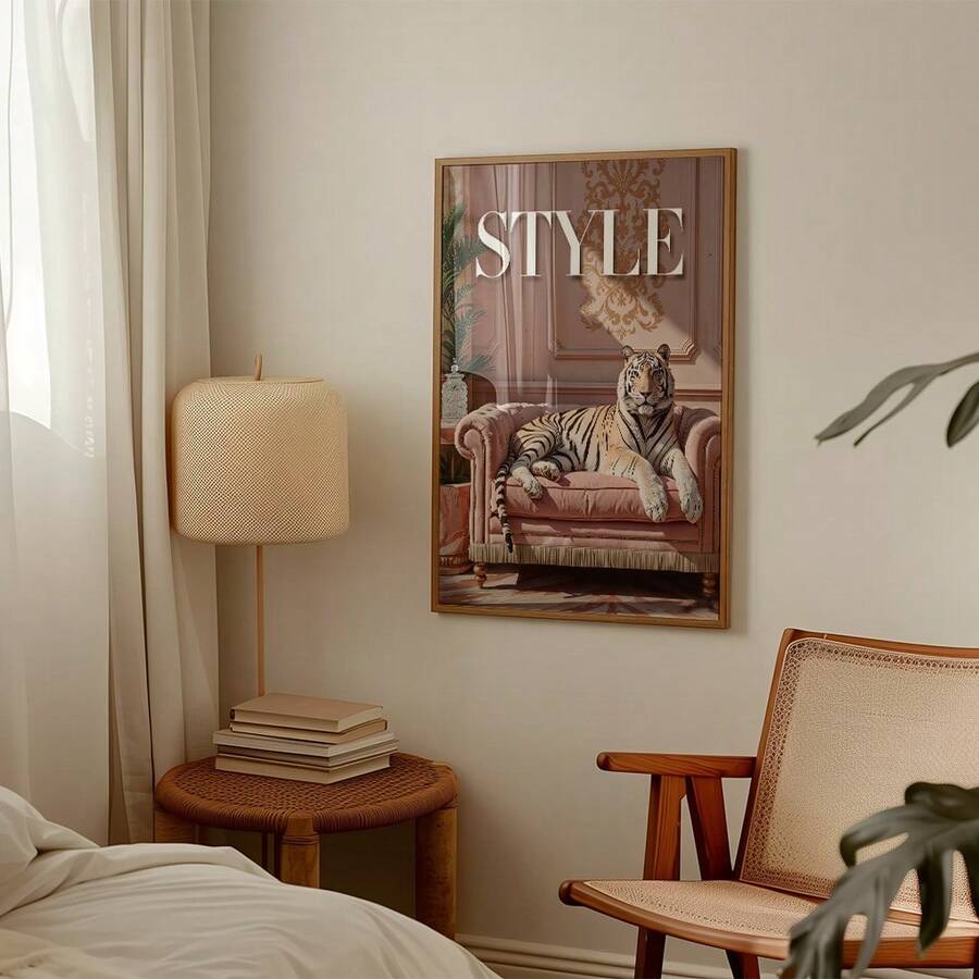 Framed white tiger STYLE artwork above books in neutral bedroom