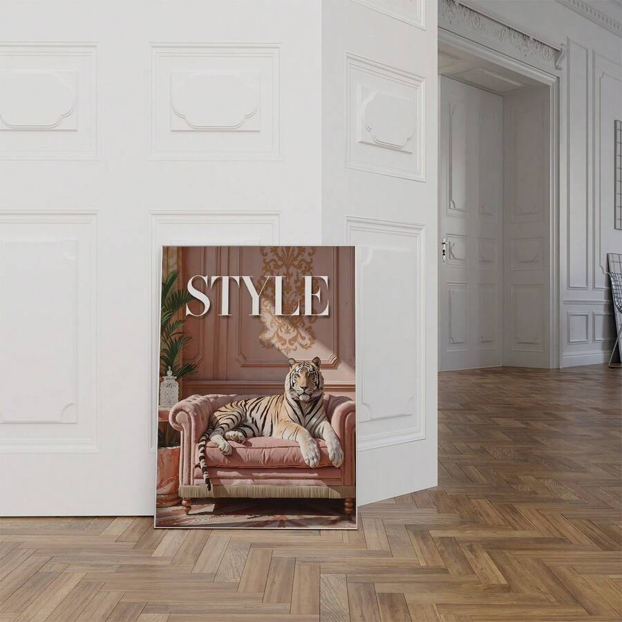 Tiger on pink sofa poster displayed in bright white paneled interior
