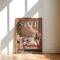 Sunlit white tiger and blush sofa canvas poster against ivory wall
