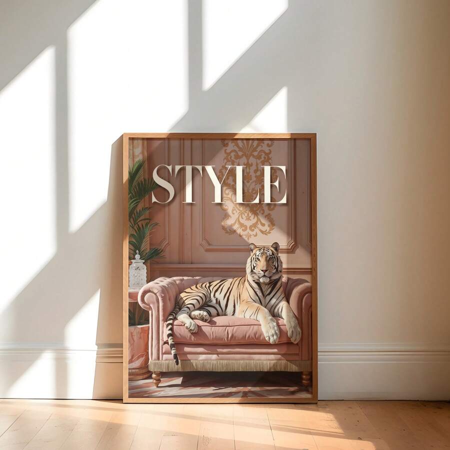 Sunlit white tiger and blush sofa canvas poster against ivory wall