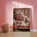 White tiger STYLE canvas leaning against sunlit pink paneled wall