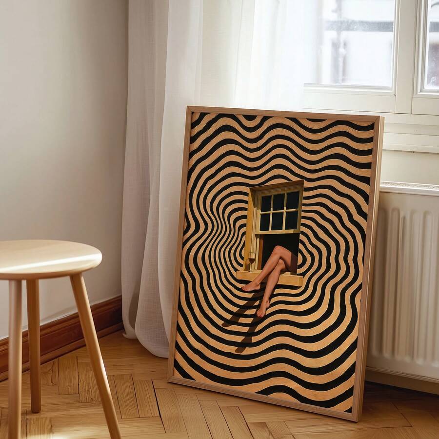 Surreal window-and-legs artwork with black-and-beige optical waves beside radiator and curtain