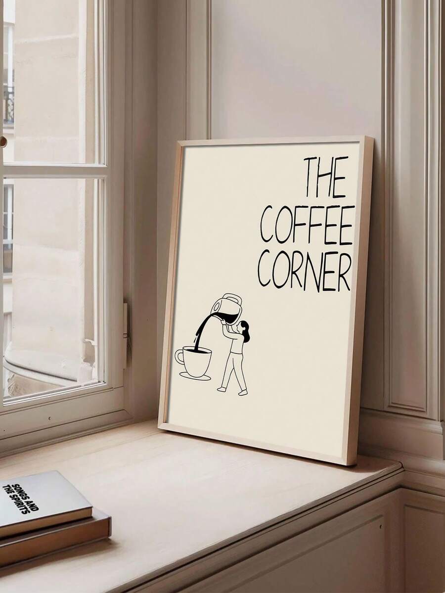 Abstract coffee line art with seated woman and cup