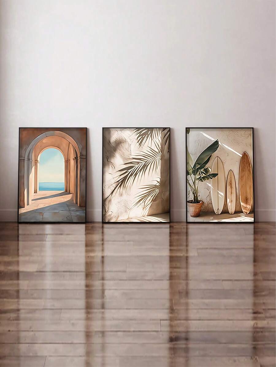 Three-piece coastal sea painting with surfboard artwork