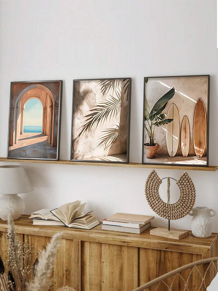 Frameless Mediterranean wall art triptych for coastal decor