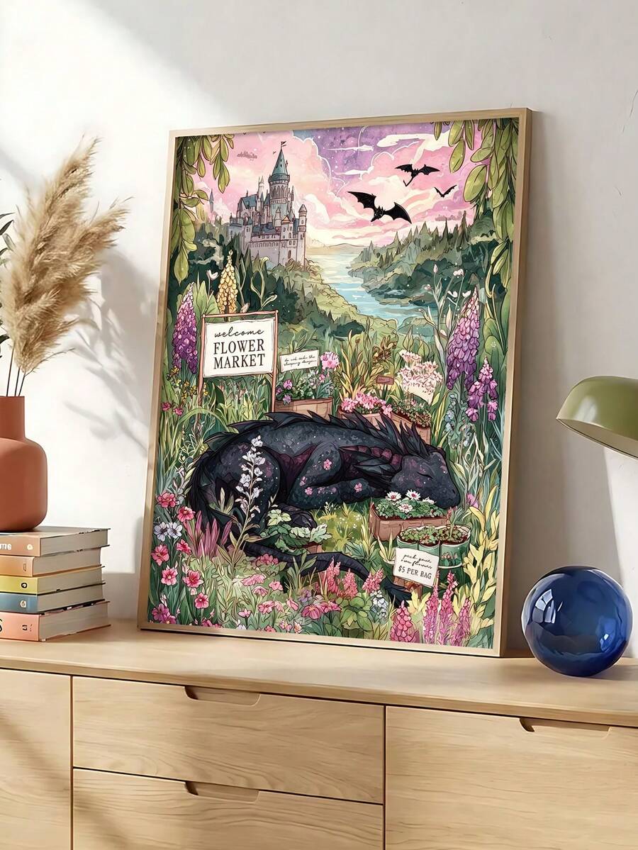 Whimsical castle and dragon canvas poster