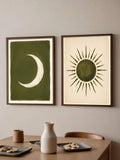 2pcs Set Bohemian Style Sun Moon Minimalist Olive Green Starry Sky Canvas Poster 