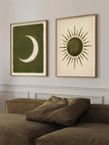 2pcs Set Bohemian Style Sun Moon Minimalist Olive Green Starry Sky Canvas Poster 