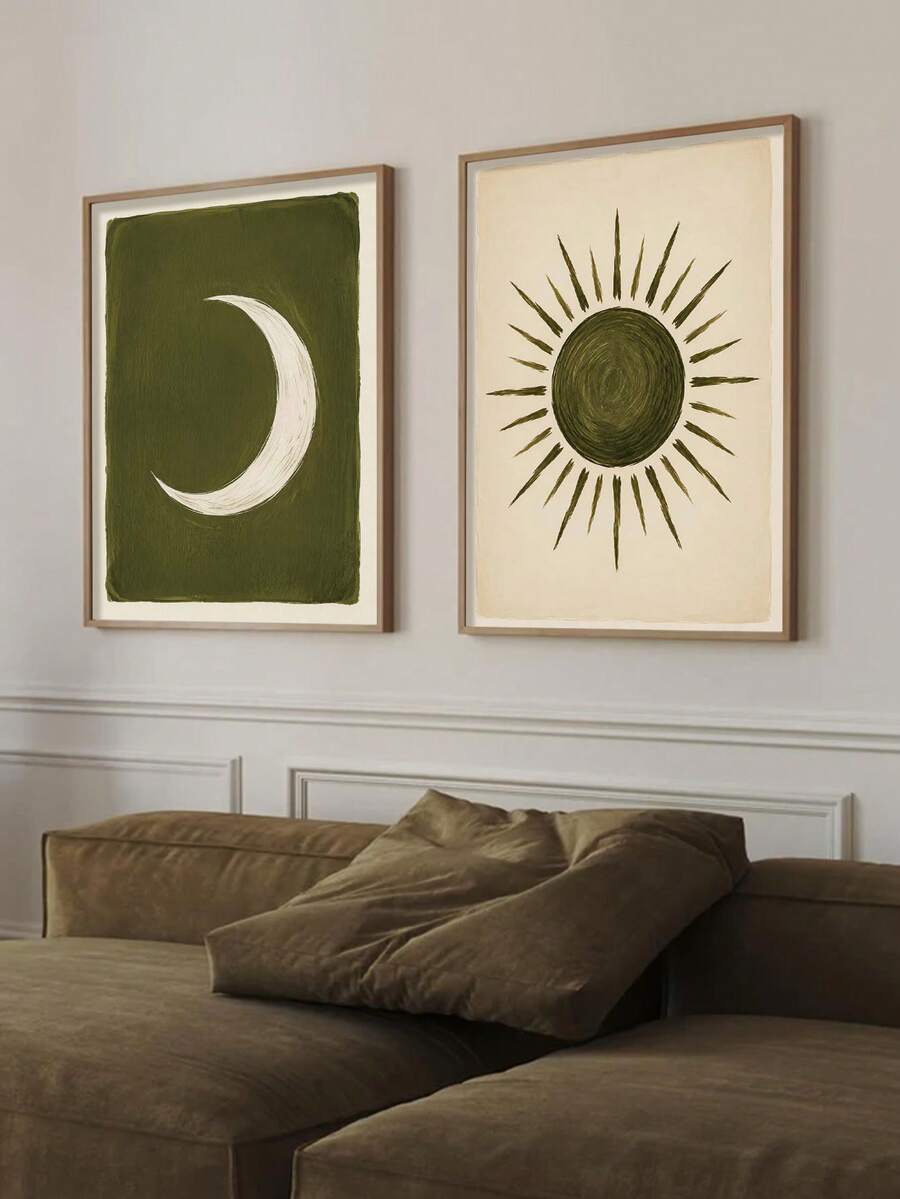 2pcs Set Bohemian Style Sun Moon Minimalist Olive Green Starry Sky Canvas Poster 