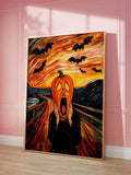 Screaming pumpkin canvas poster against sunlit pink paneled wall