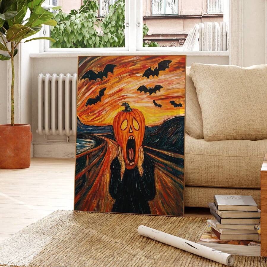 Pumpkin Scream parody artwork in bright neutral living room