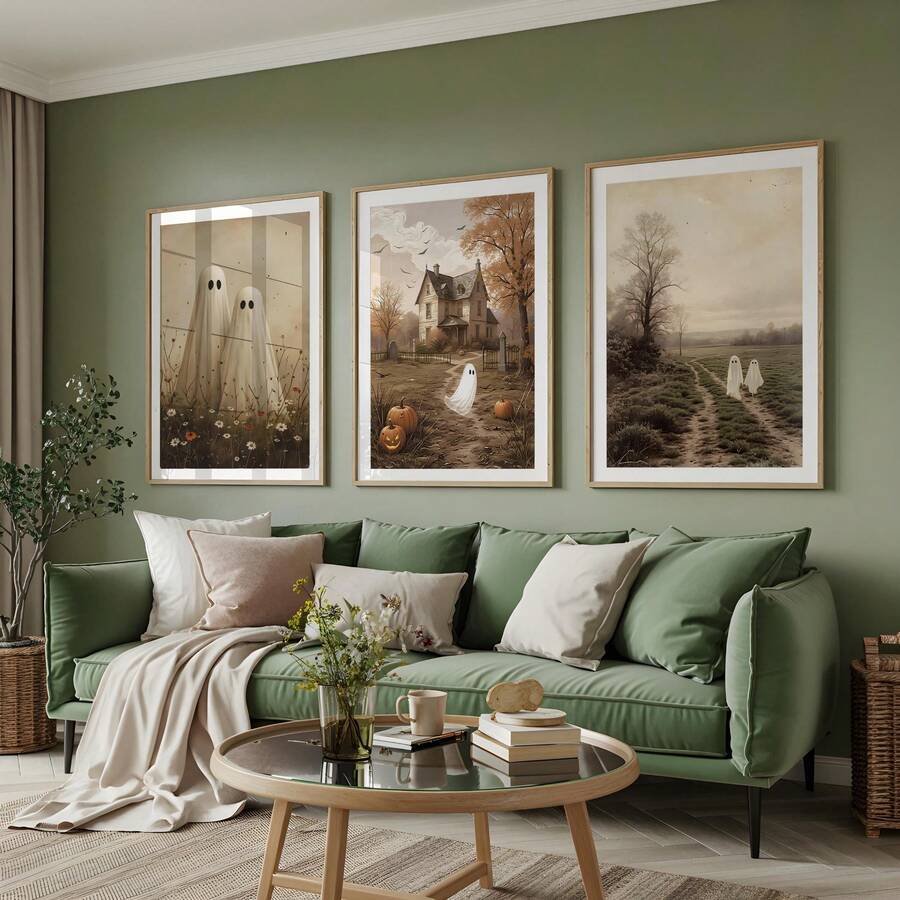 Three-piece ghost and haunted house art above sage green sofa