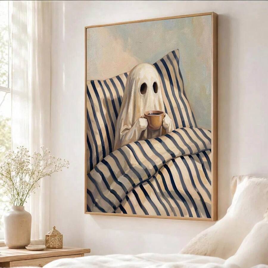 Painterly ghost coffee scene with striped bedding and navy cream colors