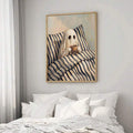 Funny ghost relaxing in bed with coffee wall decor