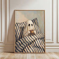 Cozy ghost bedroom canvas poster in a slim wood frame