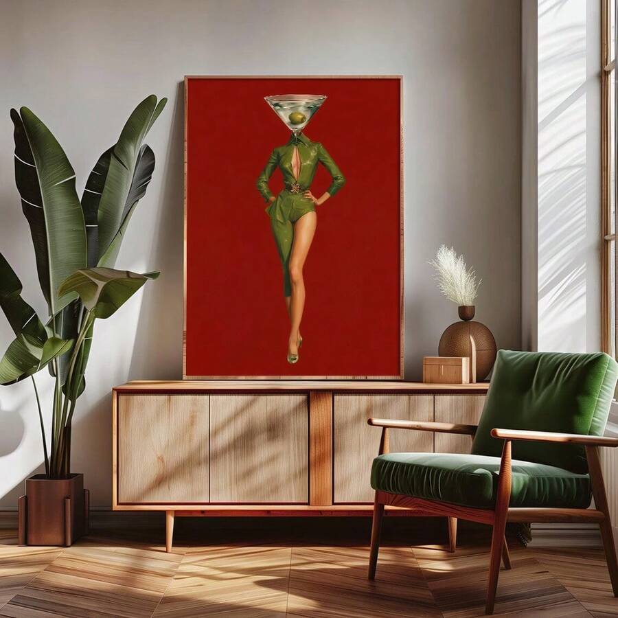 Cocktail bar canvas featuring green outfit and red background
