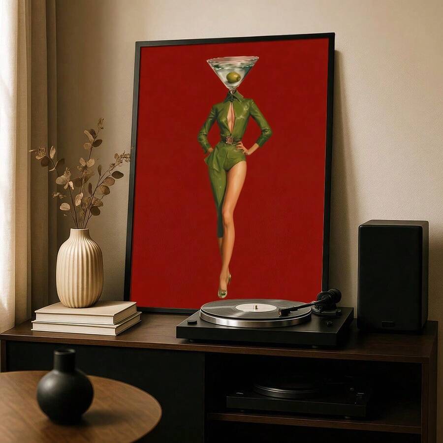 Martini glass head print in framed canvas poster mockup