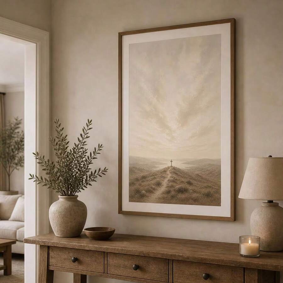 Large path to cross artwork above warm entryway sideboard