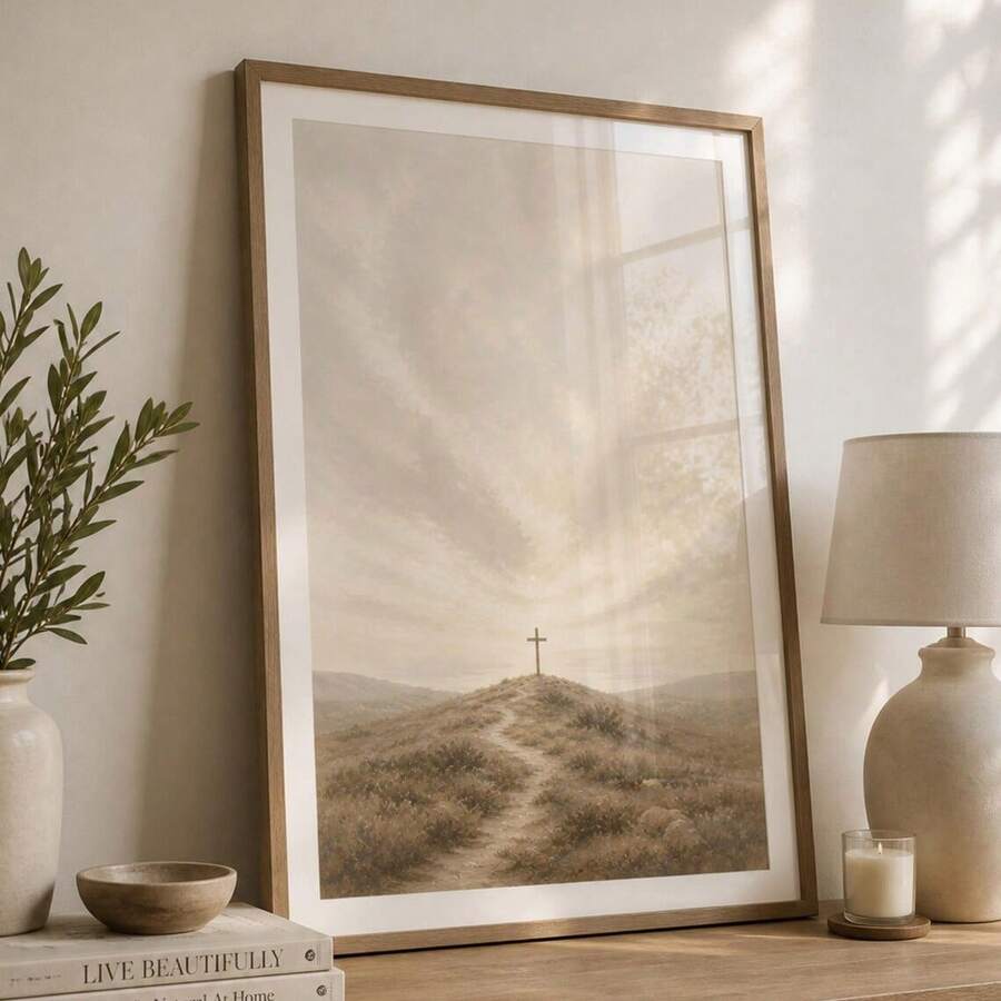 Hilltop cross landscape above rustic wood console