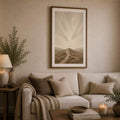 Minimal faith wall art centered above cream living room sofa