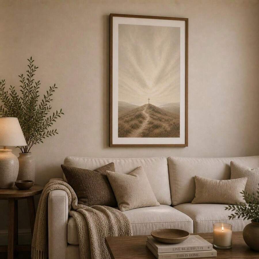 Minimal faith wall art centered above cream living room sofa