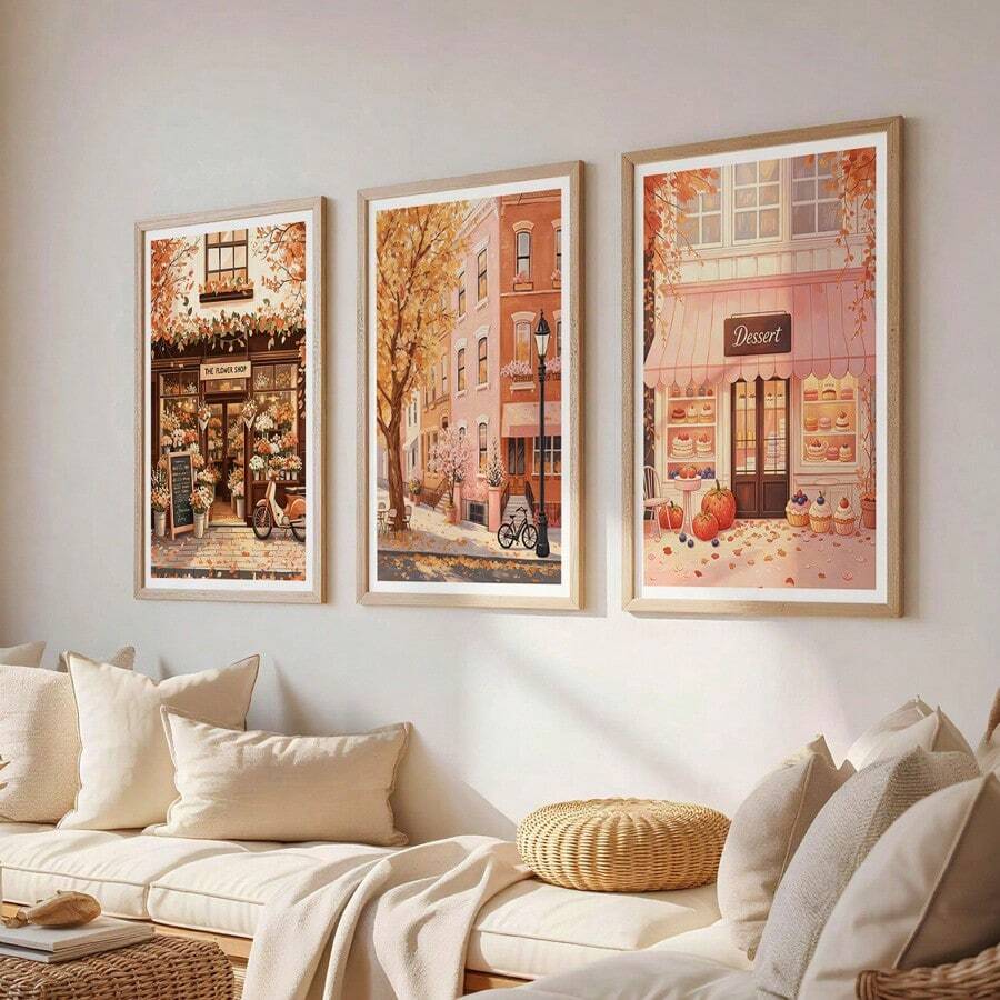Warm cottagecore canvas set displayed above cream sofa