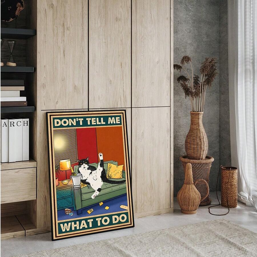 Sassy cat canvas poster leaning in boho living room decor