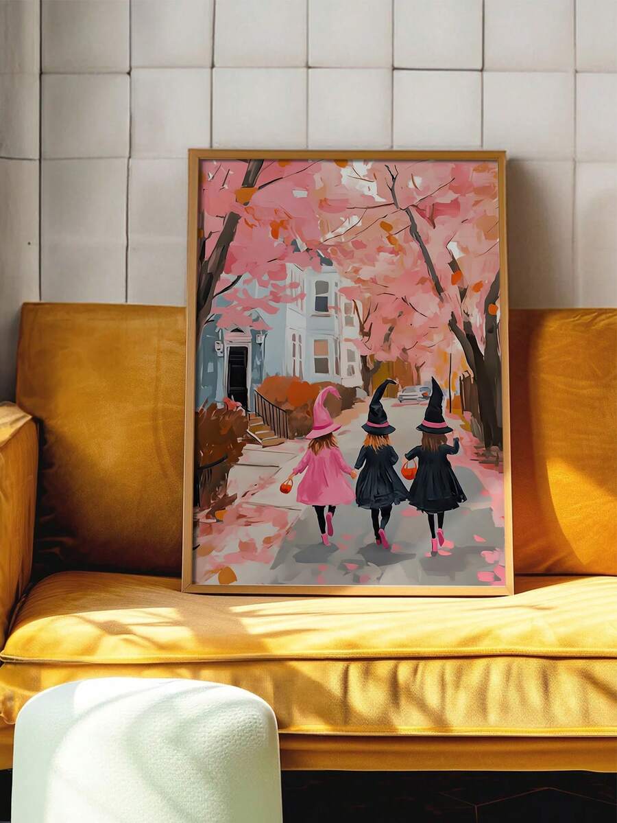 Three young witches Halloween canvas poster displayed on mustard sofa