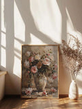Painterly botanical still life displayed in a rustic interior