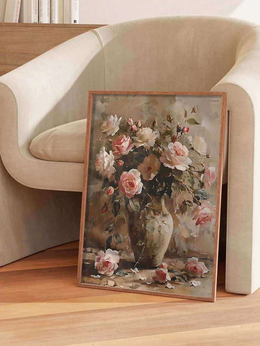 Romantic rose and peony canvas poster in muted neutral tones