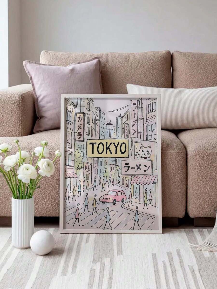 Pink Japanese wall art with TOKYO text by sofa