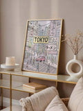 Tokyo street canvas poster in gold frame on console