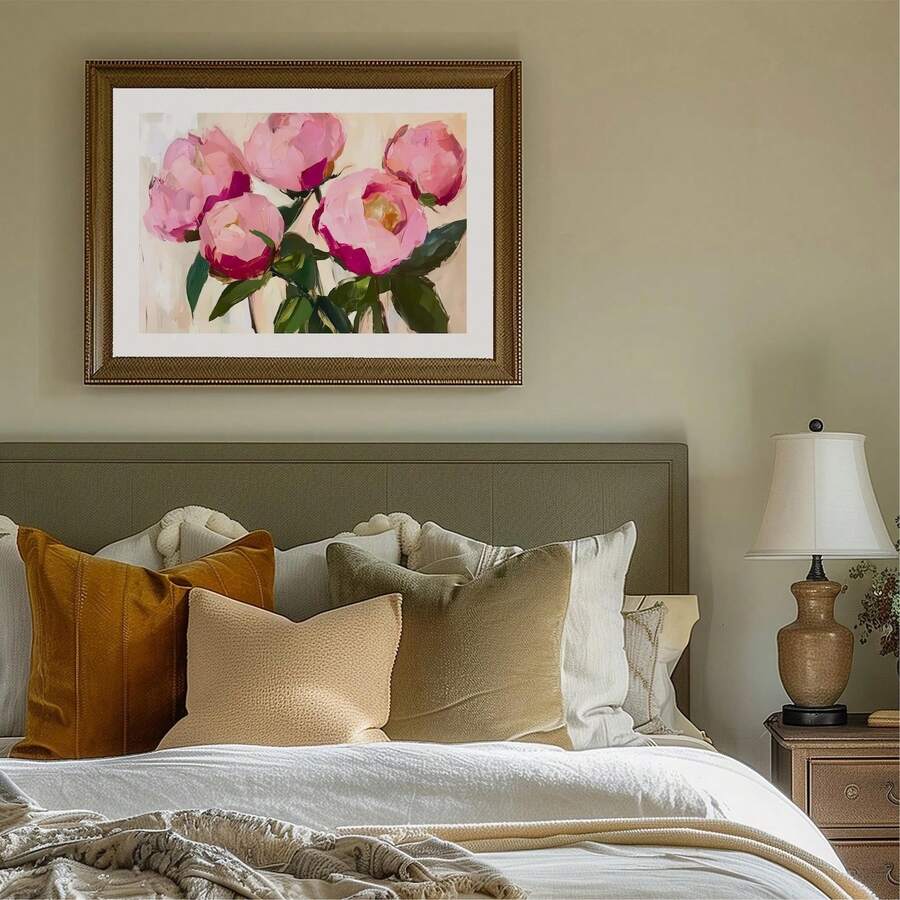 Five Pink Peonies Canvas poster with minimalist floral artwork. Perfect for elegant home decor, botanical wall art, and modern living spaces.