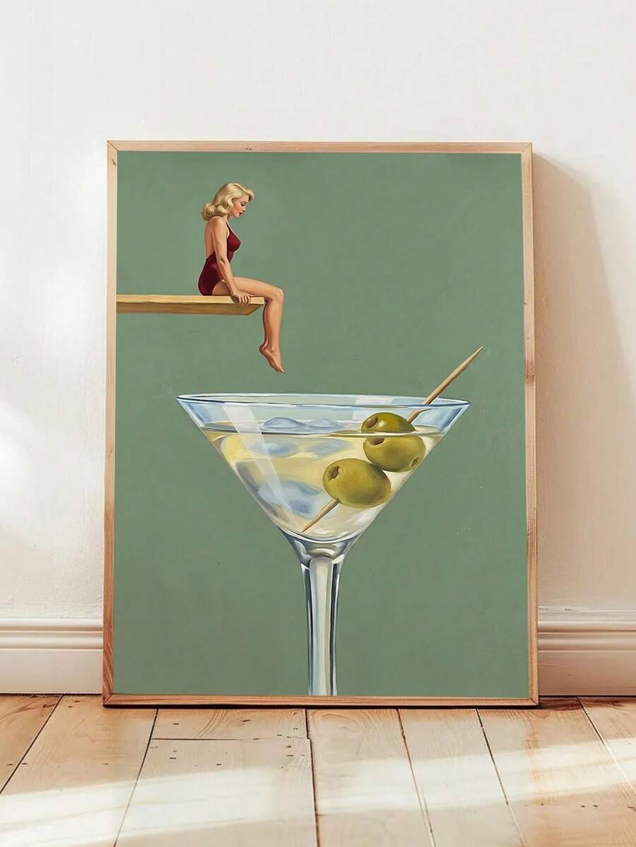 Retro dirty martini illustration with swimmer, olive-filled glass and muted sage background