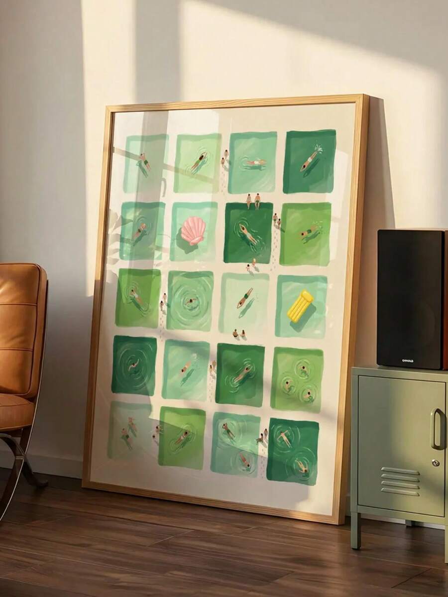 Oversized mint and deep-green pool-grid swimmer print beside tan chair and green cabinet