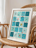 Framed turquoise pool-grid artwork with miniature swimmers displayed on rattan chair