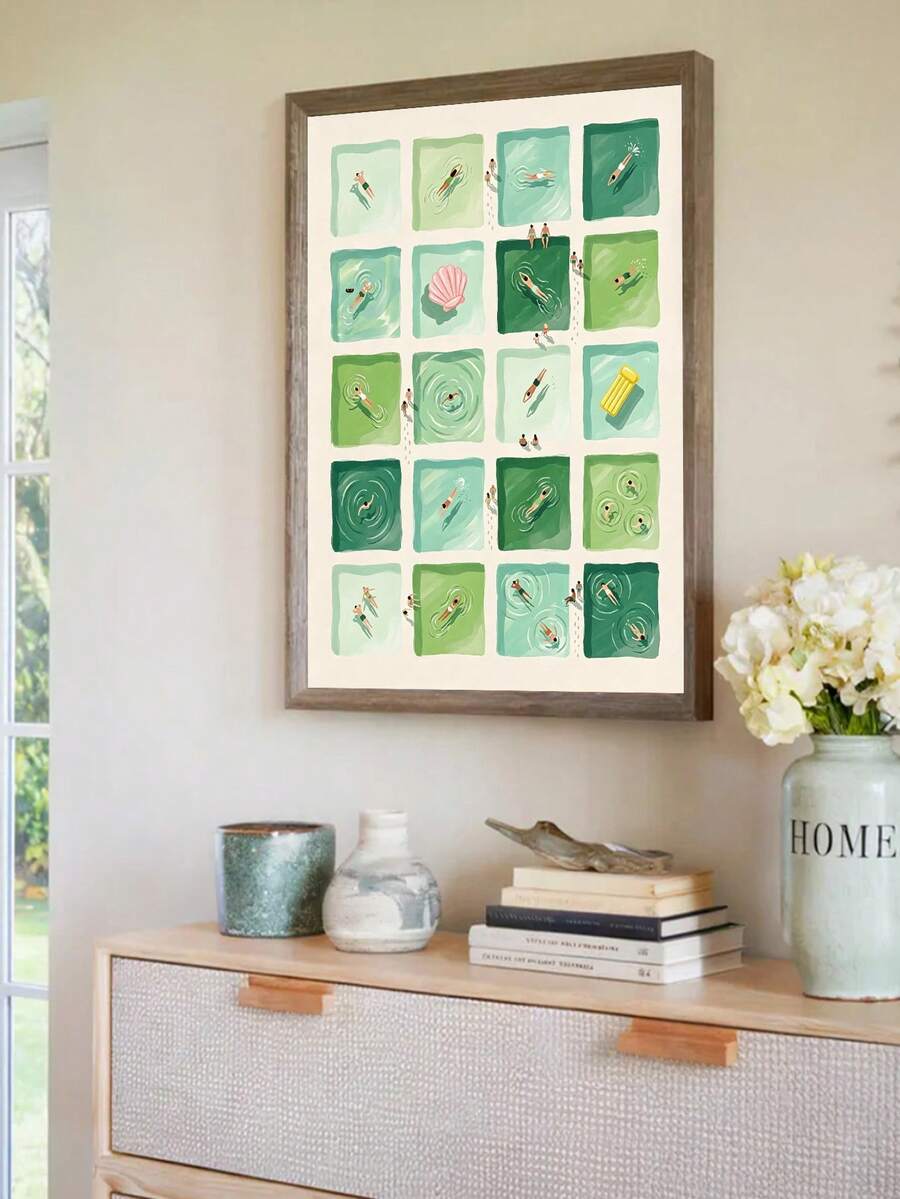 Dark-wood framed pool-grid artwork with tiny swimmers above styled console and flowers